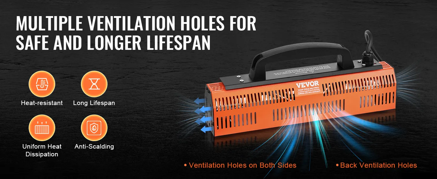 VEVOR infrared curing lamp with multiple ventilation holes, heat-resistant, long lifespan, anti-scalding.