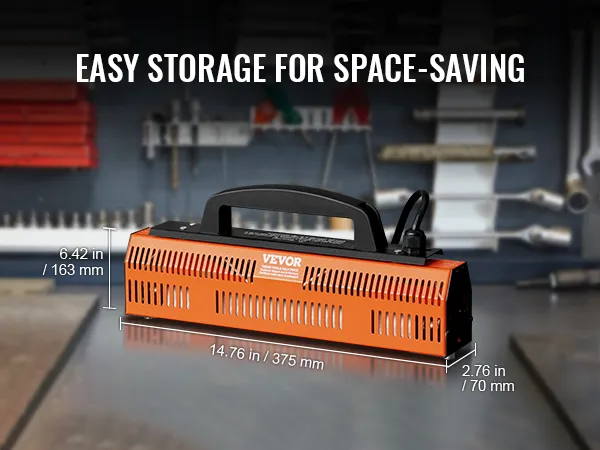 VEVOR infrared curing lamp on workbench with tools in background, showcasing compact, easy storage.