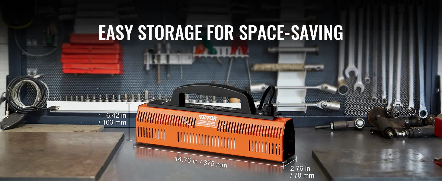 VEVOR infrared curing lamp on workbench with tools in background, showcasing compact, easy storage.