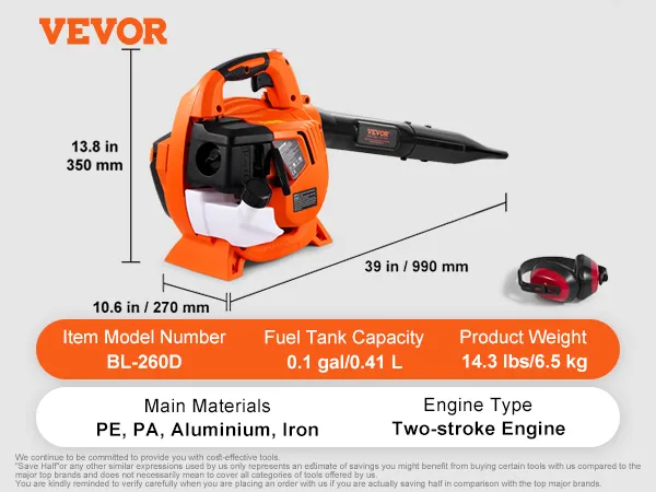 VEVOR leaf blower bl-260d, two-stroke engine, 0.1 gal fuel tank, 14.3 lbs, 39x13.8x10.6 in dimensions.