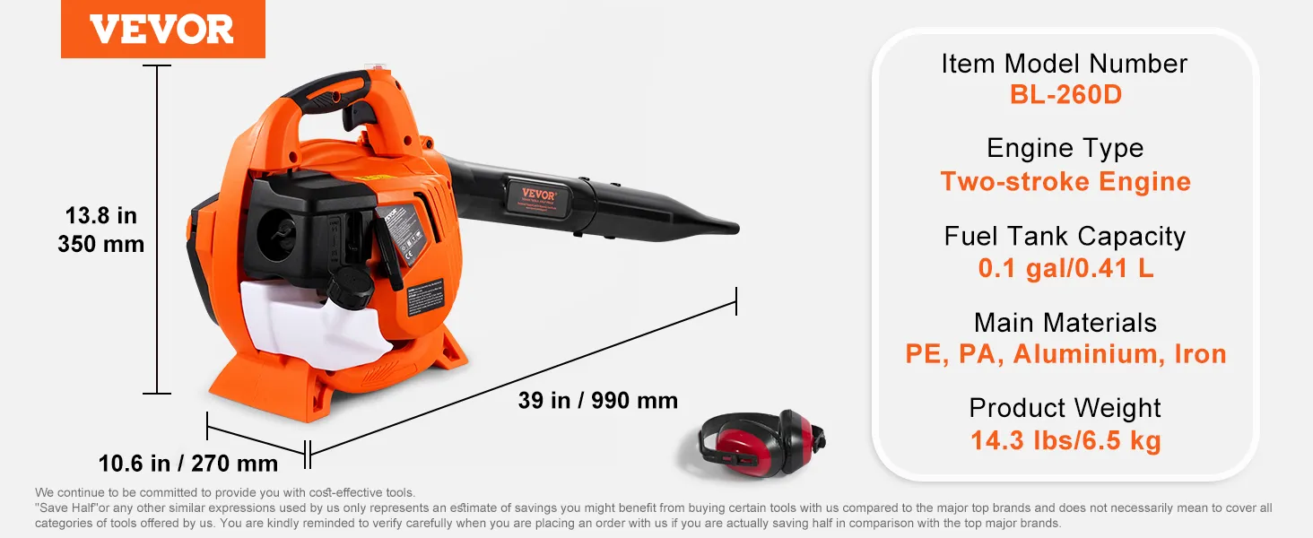 VEVOR leaf blower bl-260d, two-stroke engine, 0.1 gal fuel tank, 14.3 lbs, 39x13.8x10.6 in dimensions.