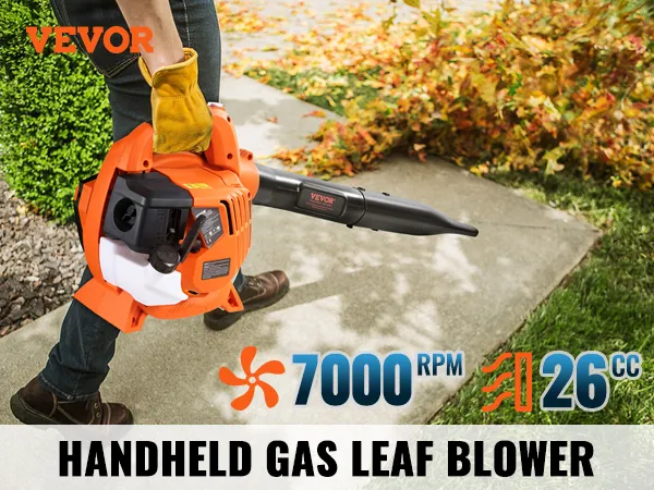 VEVOR leaf blower in use; powerful orange tool with 7000 rpm, 425cfm, and 156mph air speed.
