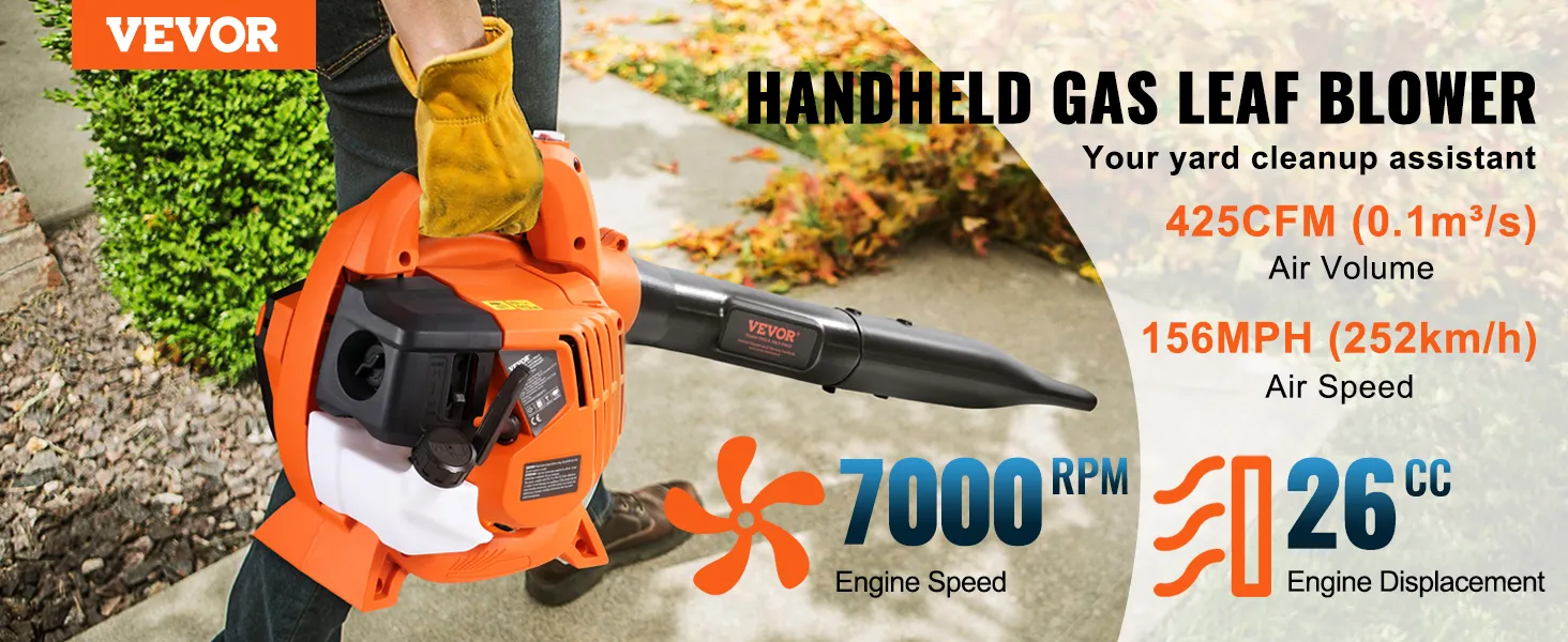 VEVOR leaf blower in use; powerful orange tool with 7000 rpm, 425cfm, and 156mph air speed.