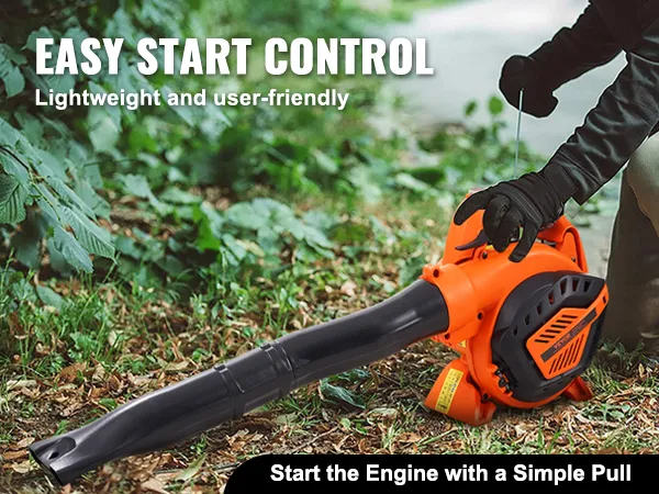 VEVOR leaf blower being used in a garden, featuring easy start control and lightweight ergonomic handle.