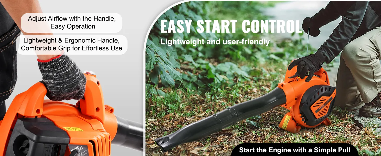 VEVOR leaf blower being used in a garden, featuring easy start control and lightweight ergonomic handle.