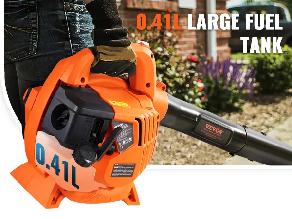 VEVOR leaf blower with 0.41l fuel tank, offering high fuel efficiency and powerful performance for long usage.