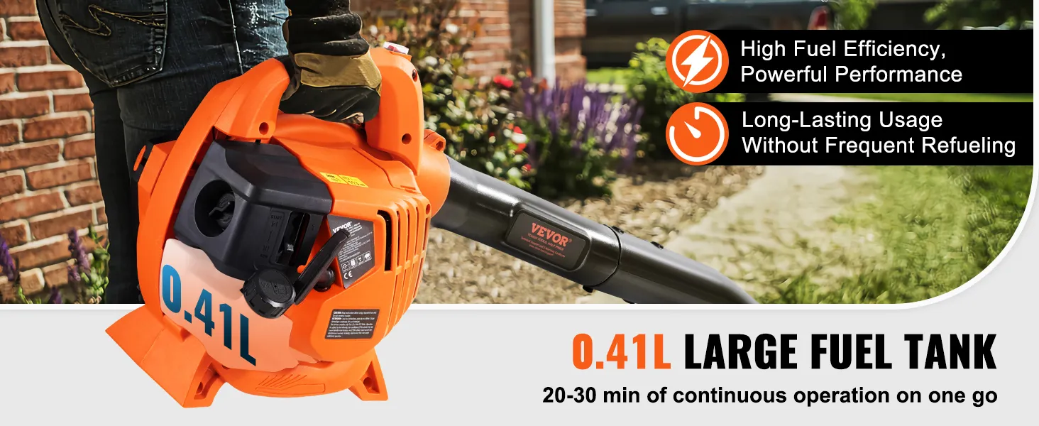 VEVOR leaf blower with 0.41l fuel tank, offering high fuel efficiency and powerful performance for long usage.