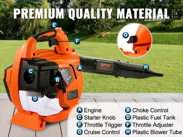 VEVOR leaf blower with labeled engine, throttle, cruise control, and plastic blower tube for durability.