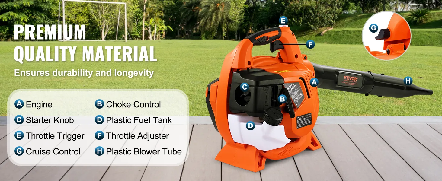 VEVOR leaf blower with labeled engine, throttle, cruise control, and plastic blower tube for durability.