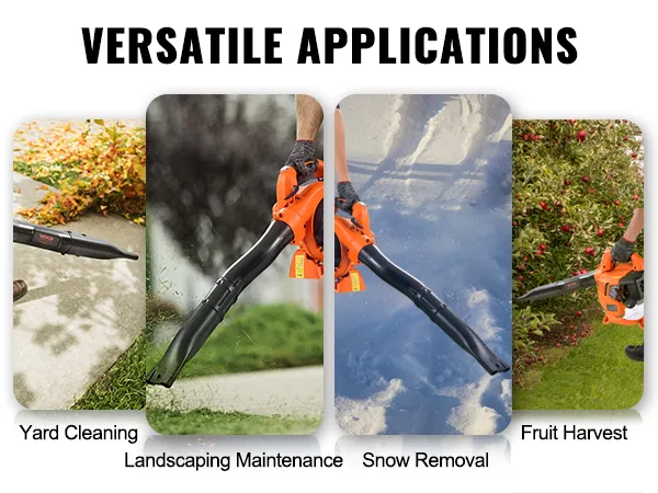 VEVOR leaf blower used for yard cleaning, landscaping maintenance, snow removal, and fruit harvest.