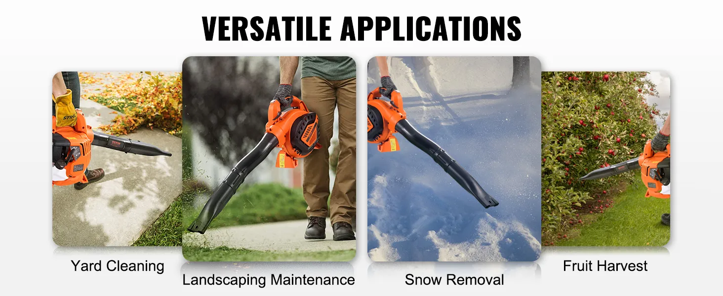 VEVOR leaf blower used for yard cleaning, landscaping maintenance, snow removal, and fruit harvest.