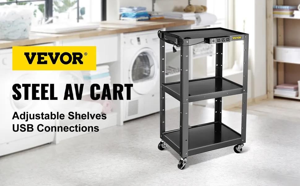 Carrito AV de acero VEVOR con estantes ajustables y conexiones USB en un lavadero.