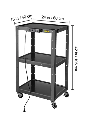 Carrito audiovisual de acero VEVOR con tres estantes, dimensiones: 18" x 24" x 42", ruedas giratorias.