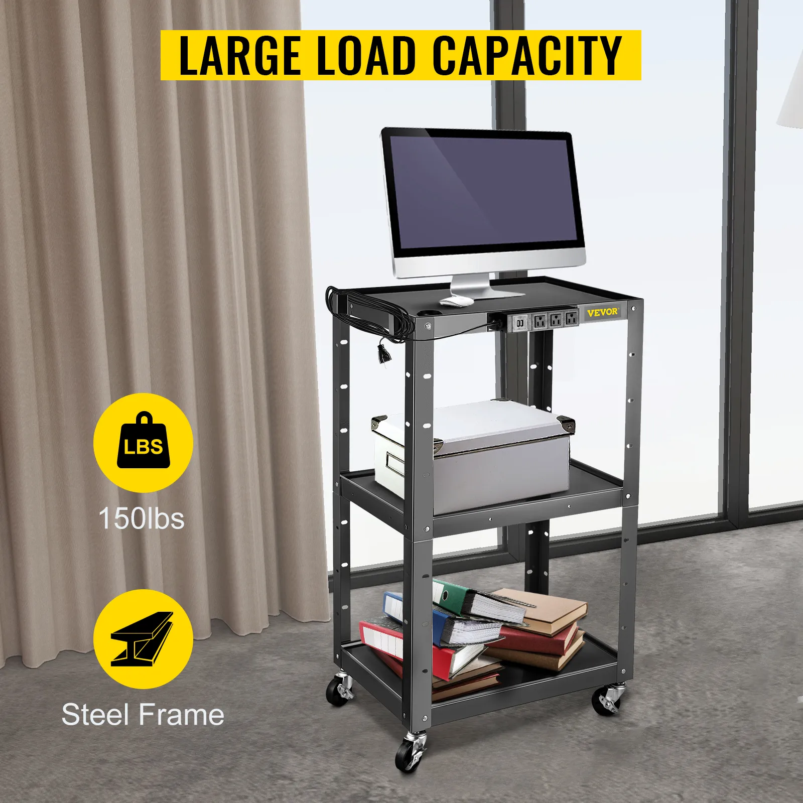 Carrito audiovisual de acero VEVOR con monitor, documentos y libros, capacidad de 150 libras, estructura de acero.