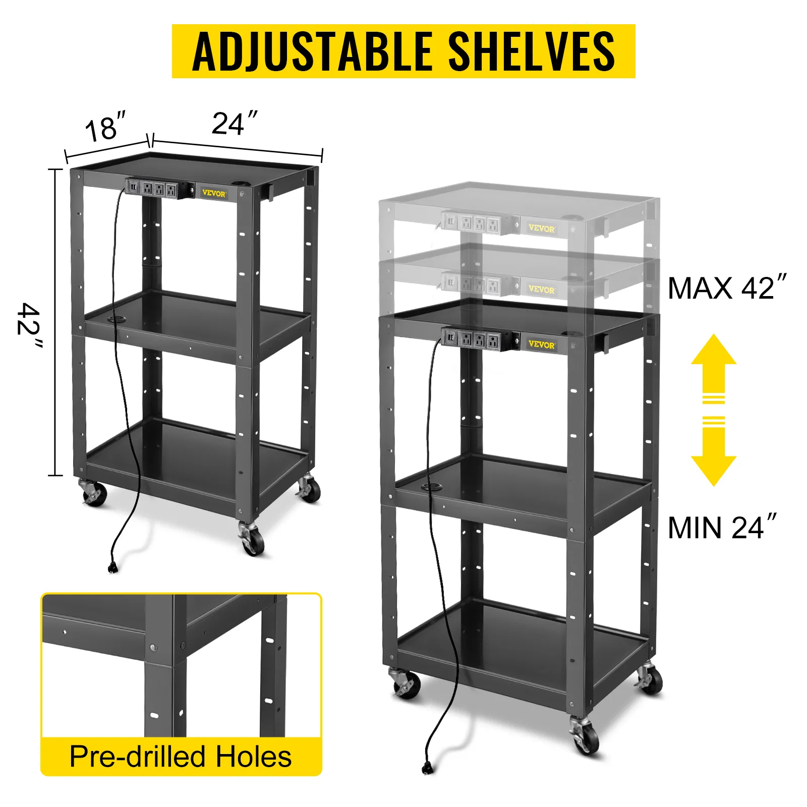 Carrito AV de acero VEVOR con estantes ajustables, 24" x 18", altura 24"-42", orificios pretaladrados.
