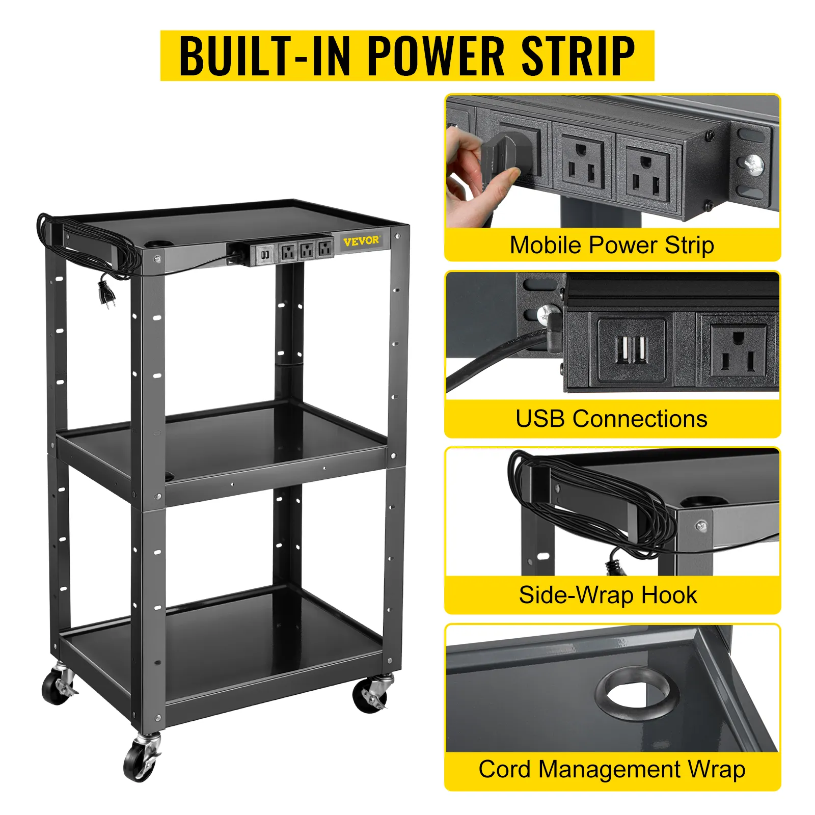 Carrito AV de acero VEVOR con regleta de enchufes incorporada, USB, gancho y enrollador de cables.