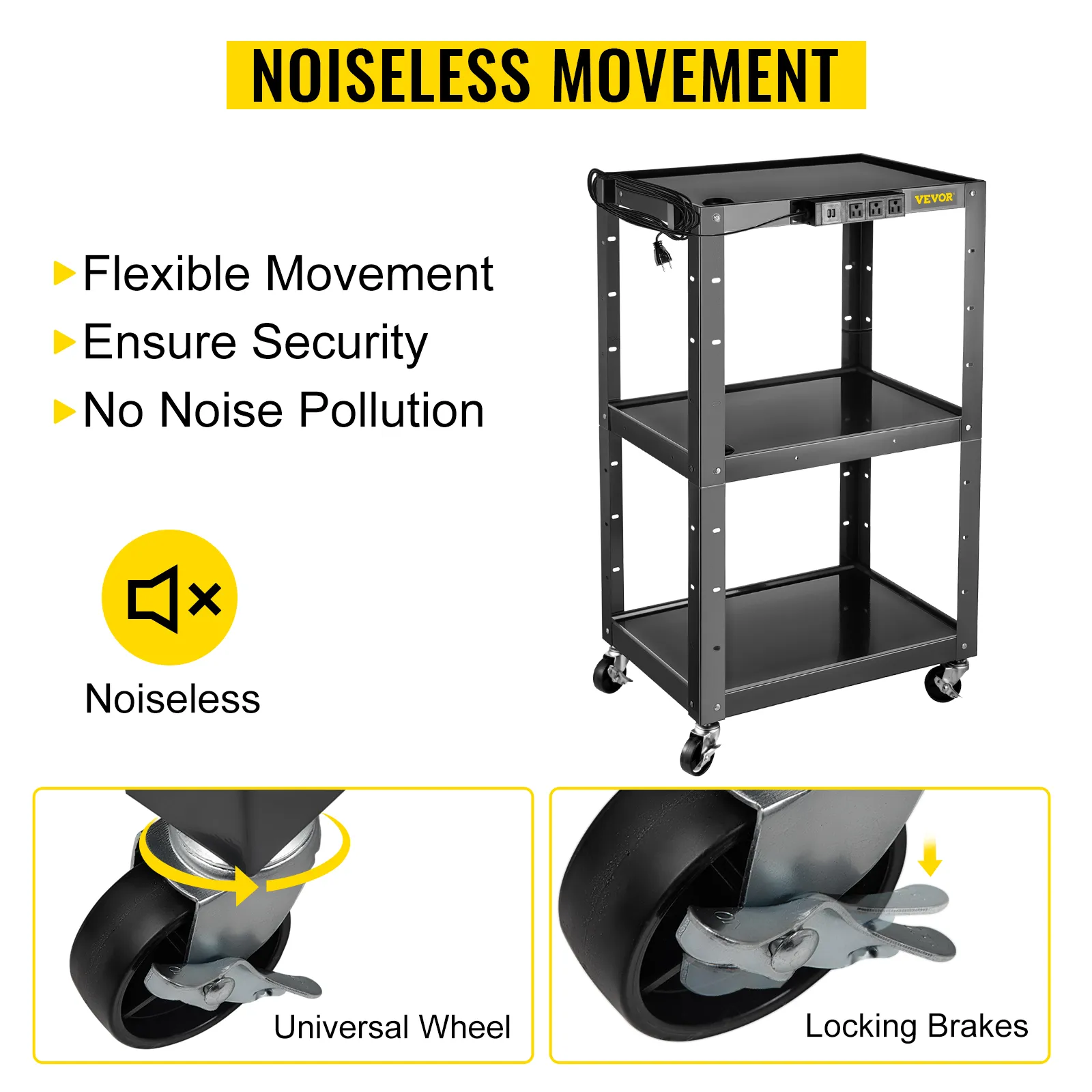 Carrito audiovisual de acero VEVOR con movimiento silencioso, ruedas universales y frenos con bloqueo.