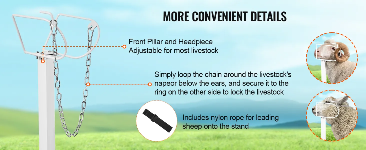 VEVOR livestock stand features adjustable front pillar, headpiece, chain, and nylon rope for sheep.