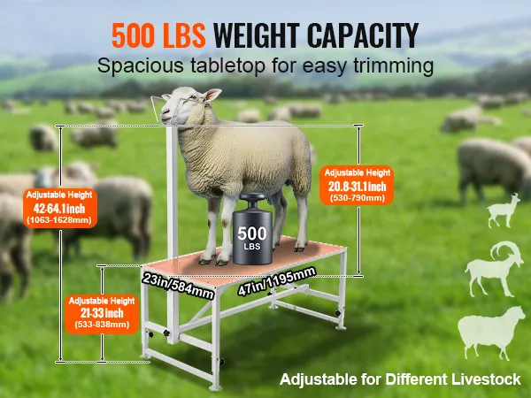 VEVOR livestock stand with 500 lbs capacity, adjustable height, and spacious tabletop for easy trimming.
