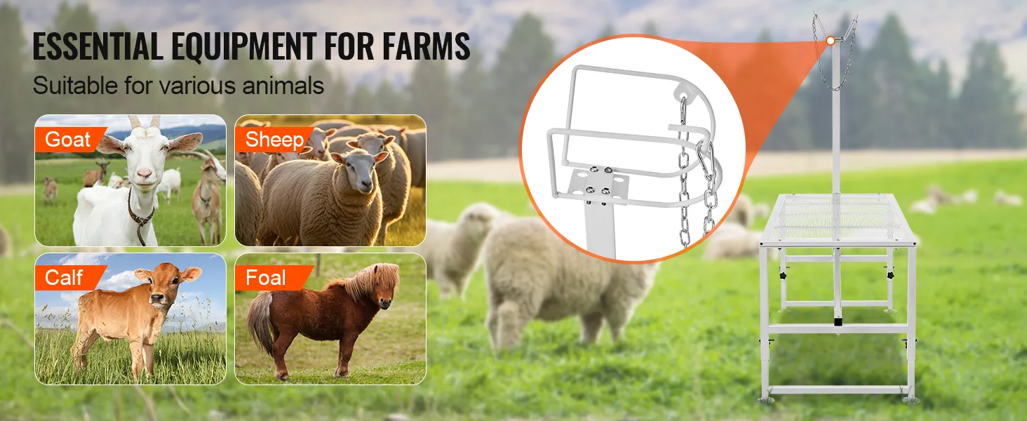 VEVOR livestock stand shown with goats, sheep, calves, and foals in a farm setting. essential for farm animals.