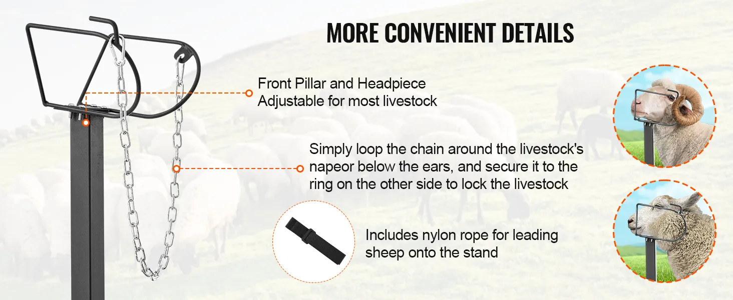 VEVOR goat & sheep stand with adjustable front pillar, headpiece, chain loop, and nylon rope for easy livestock control.