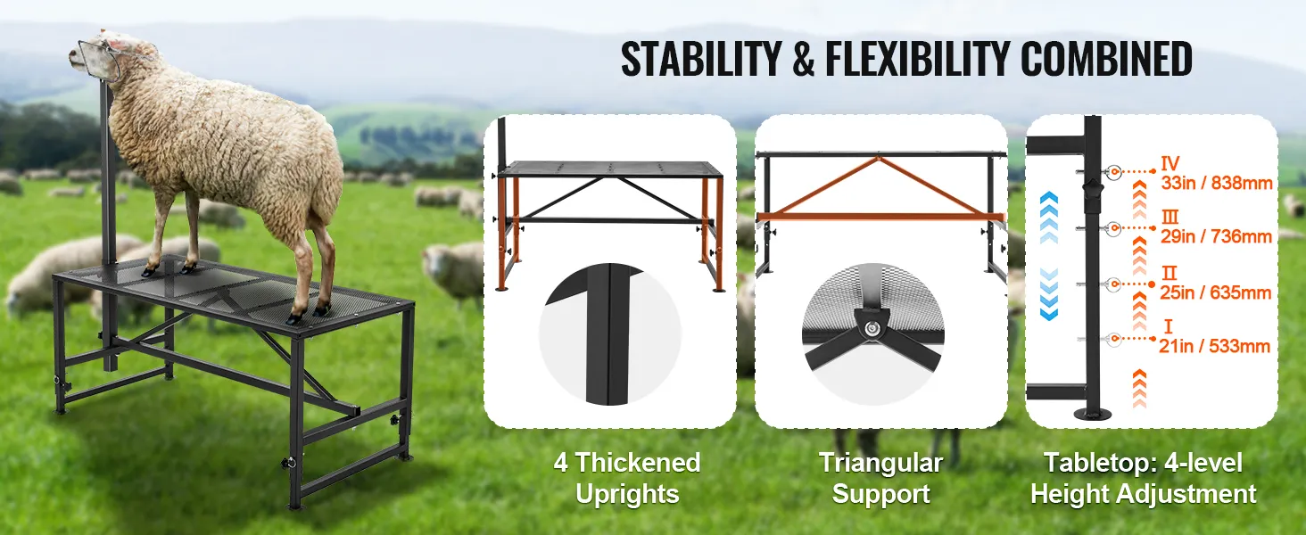 VEVOR goat & sheep stand with 4 thickened uprights, triangular support, and 4-level height adjustment.