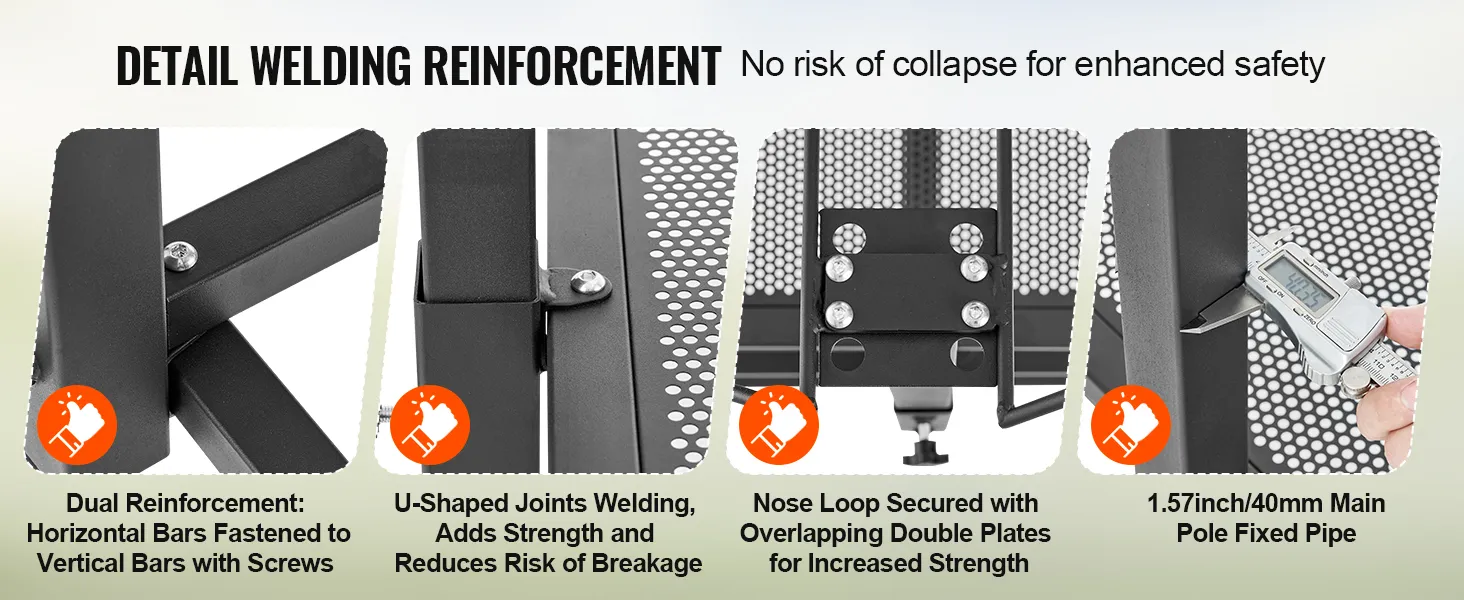 detail welding of the VEVOR goat & sheep stand enhances safety with dual reinforcement and u-shaped joints.
