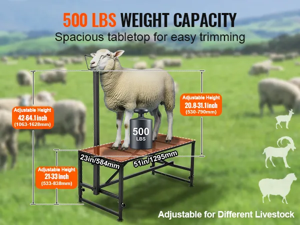 VEVOR geiten- en schapenstandaard met een capaciteit van 500 lbs, verstelbare hoogtes en ruim tafelblad voor het trimmen.
