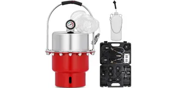red and silver VEVOR brake bleeder tool kit with gauge and accessories in black case.