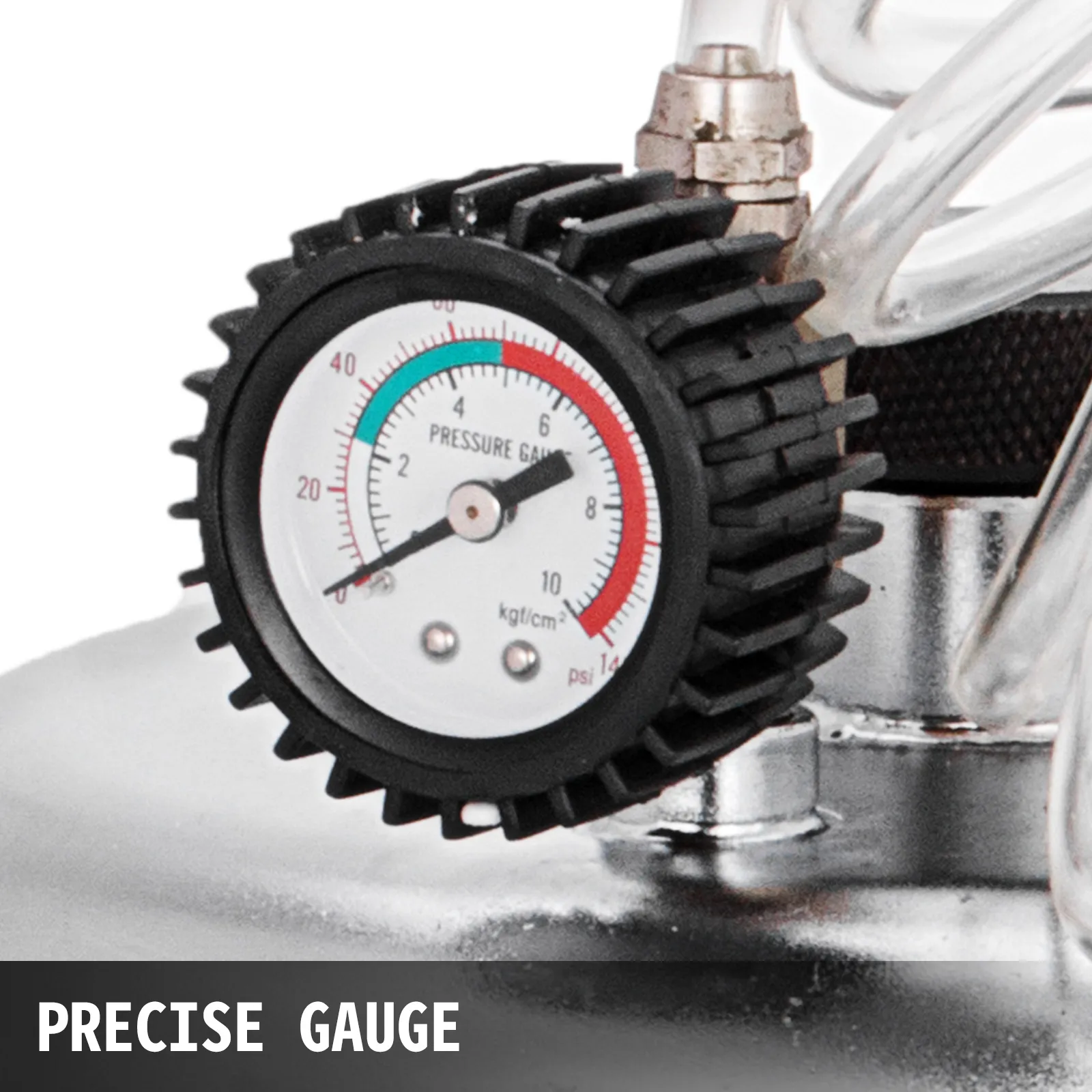 close-up of a VEVOR brake bleeder tool kit precise pressure gauge displaying kgt/cm² and psi.