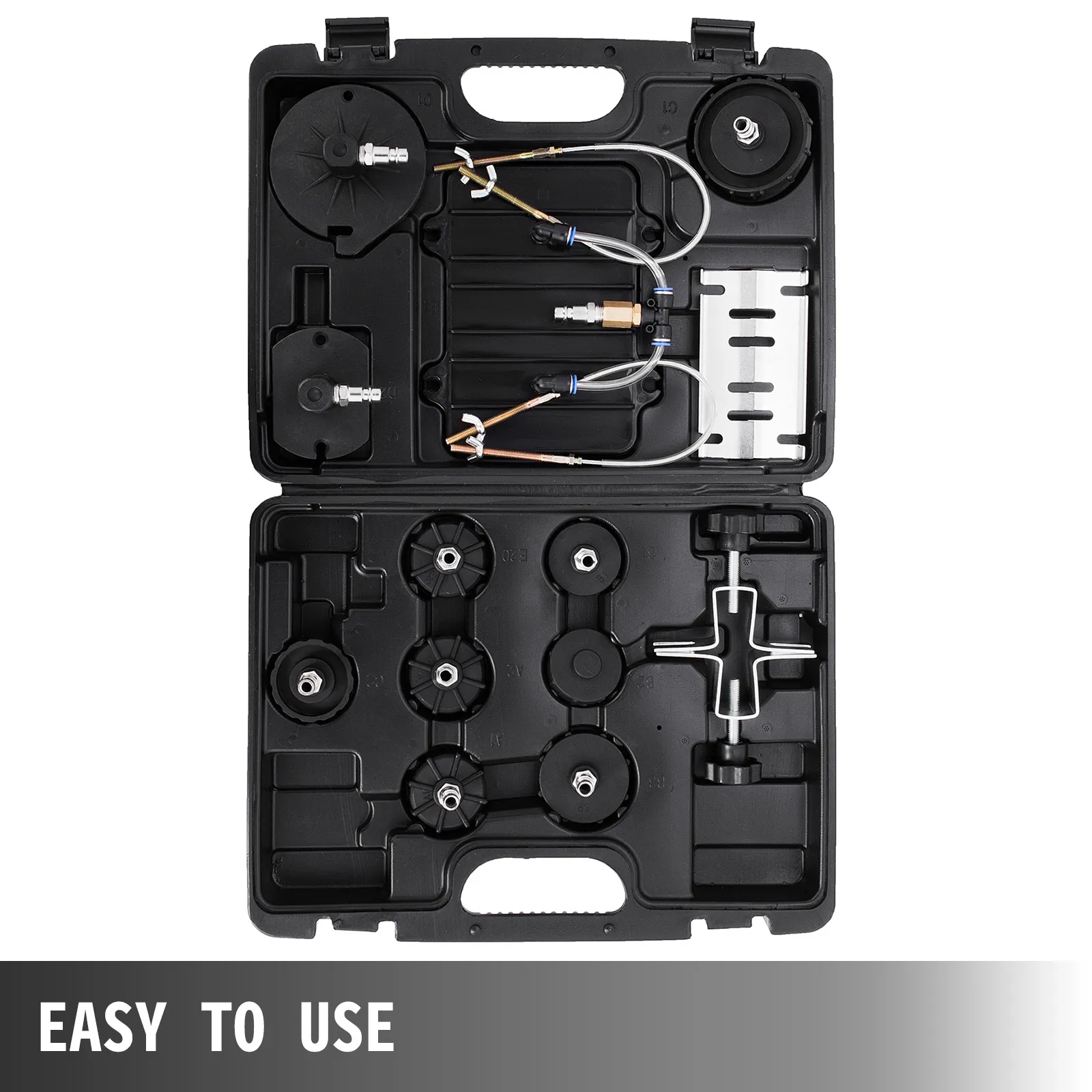VEVOR brake bleeder tool kit in a black case with various connectors and hoses.
