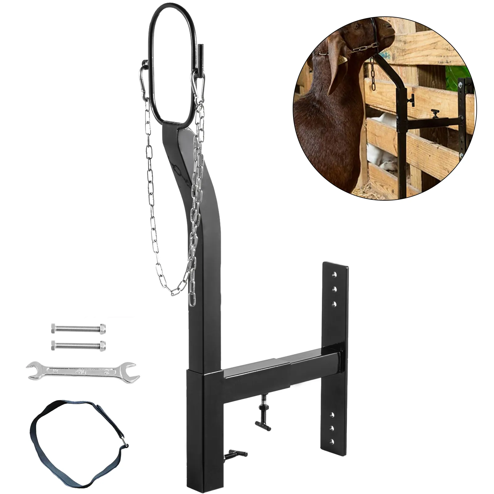 Soporte para recortar ganado VEVOR con reposacabezas, cadenas, pernos, llave y correa.