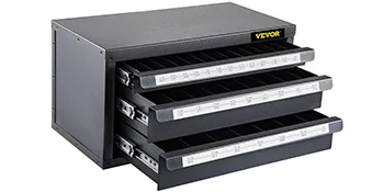 Armario dispensador de brocas VEVOR negro con tres cajones deslizantes, extensibles y abiertos.