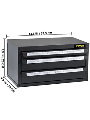 Armario dispensador de brocas VEVOR de color negro con tres cajones y dimensiones marcadas.