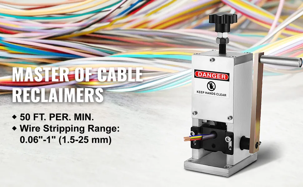VEVOR wire stripping machine with multicolored cables in the background.