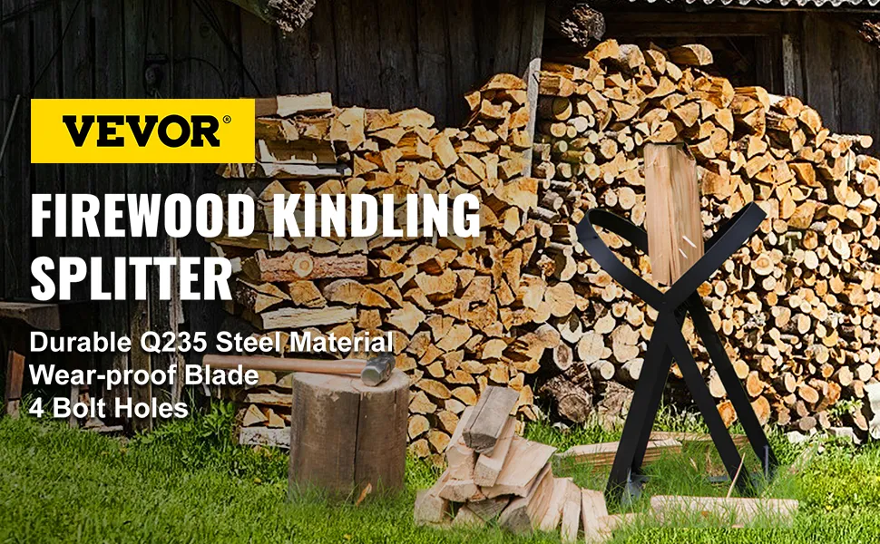 VEVOR log splitter with firewood pile background, q235 steel, wear-proof blade.