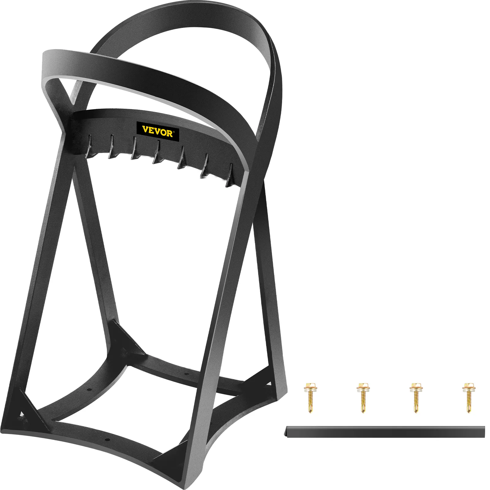 VEVOR log splitter with assembly bolts and components, featuring a steel frame and blade.