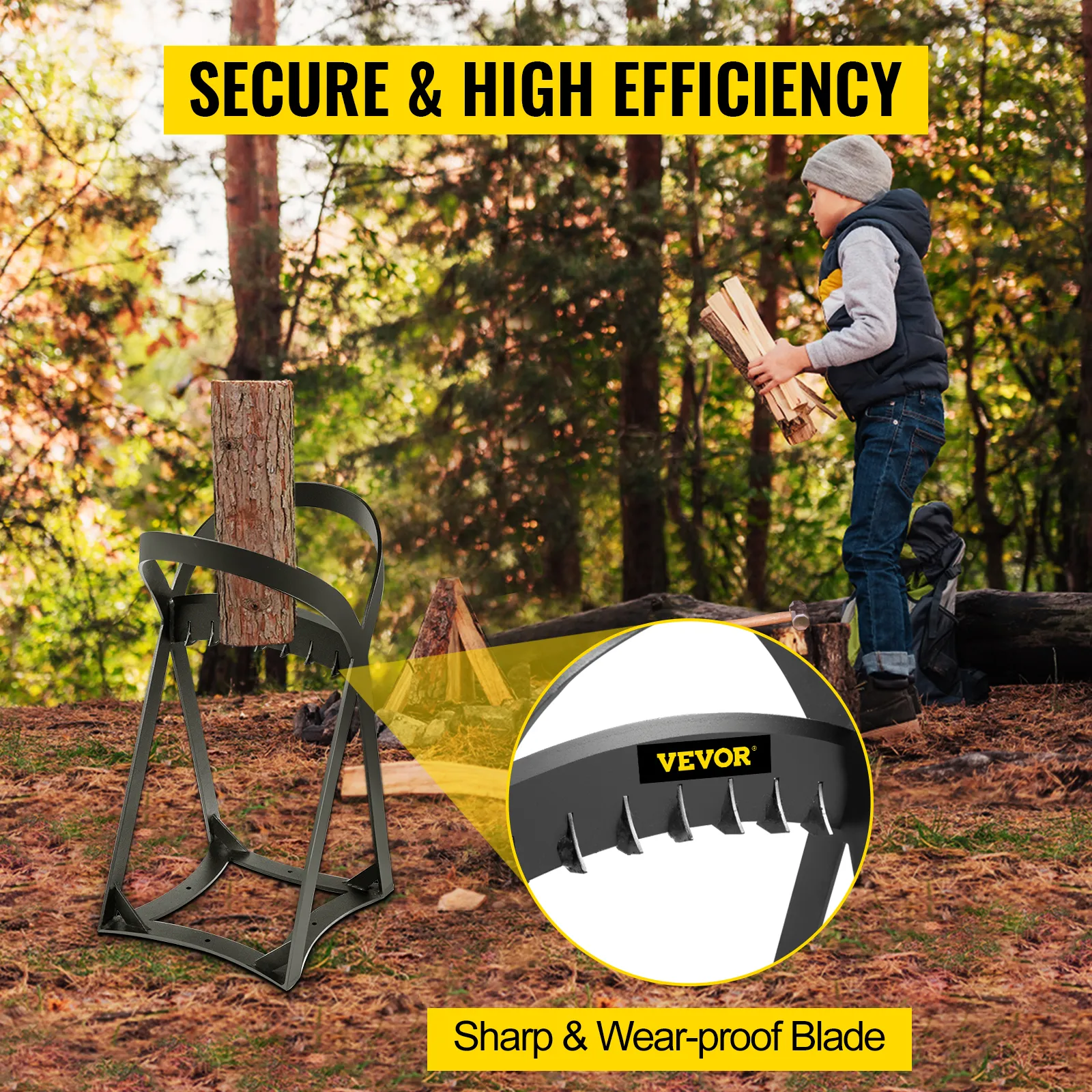 VEVOR log splitter in use; highlights include sharp, wear-proof blade for efficient splitting.