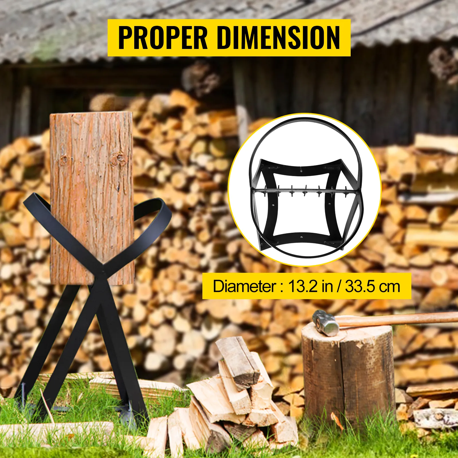 VEVOR log splitter by woodpile with proper dimension text and chopping tools.