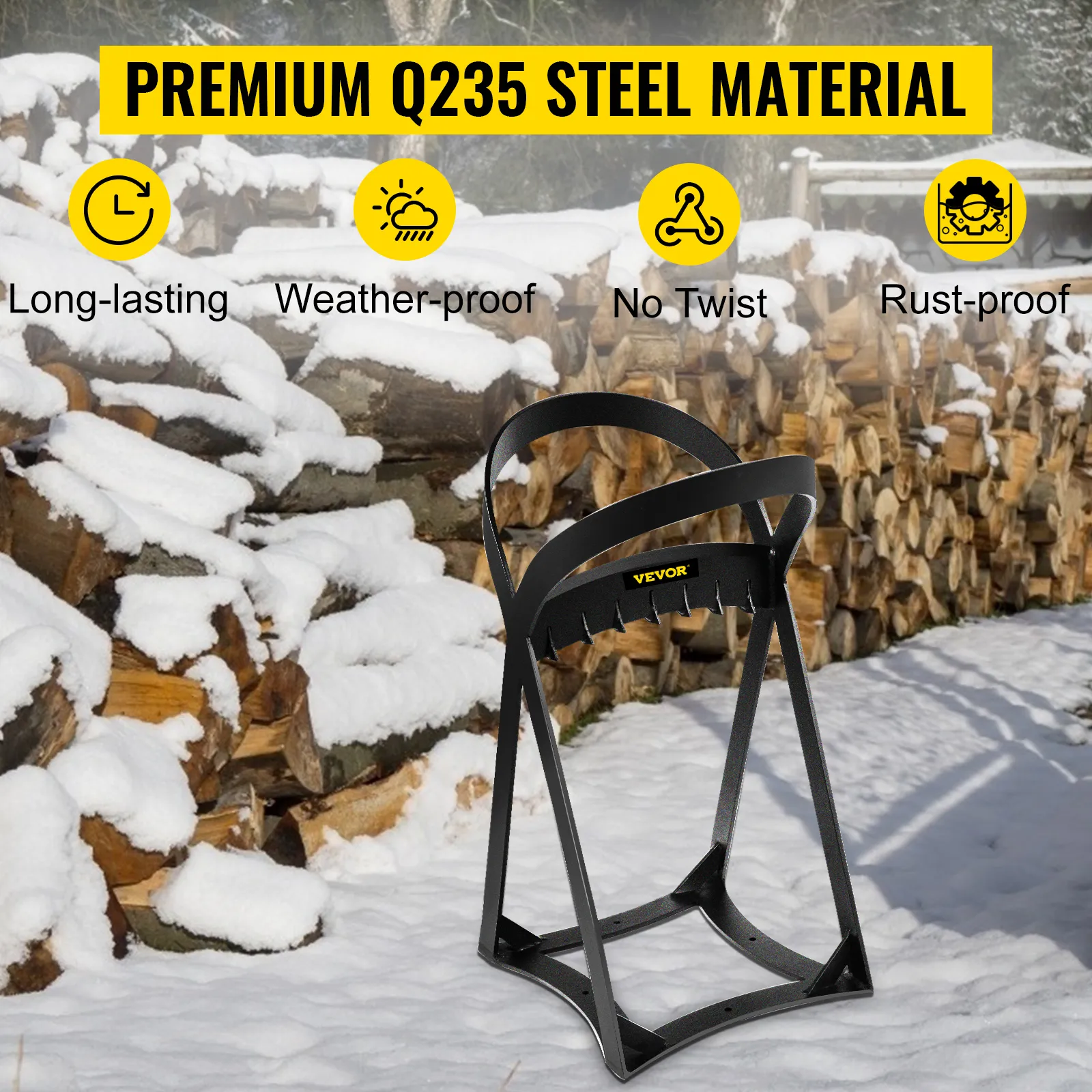 VEVOR log splitter with q235 steel material; snow-covered logs in the background.
