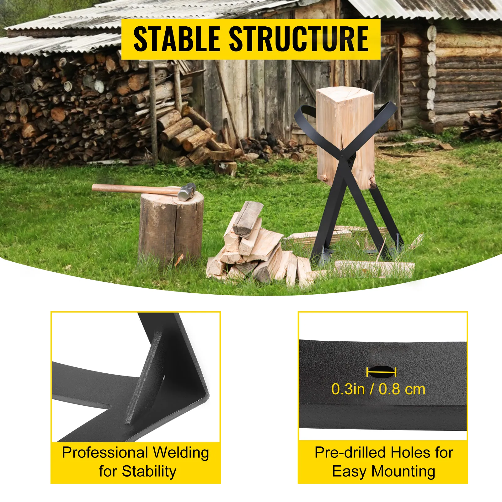 VEVOR log splitter with stable structure, professional welding, and pre-drilled holes.