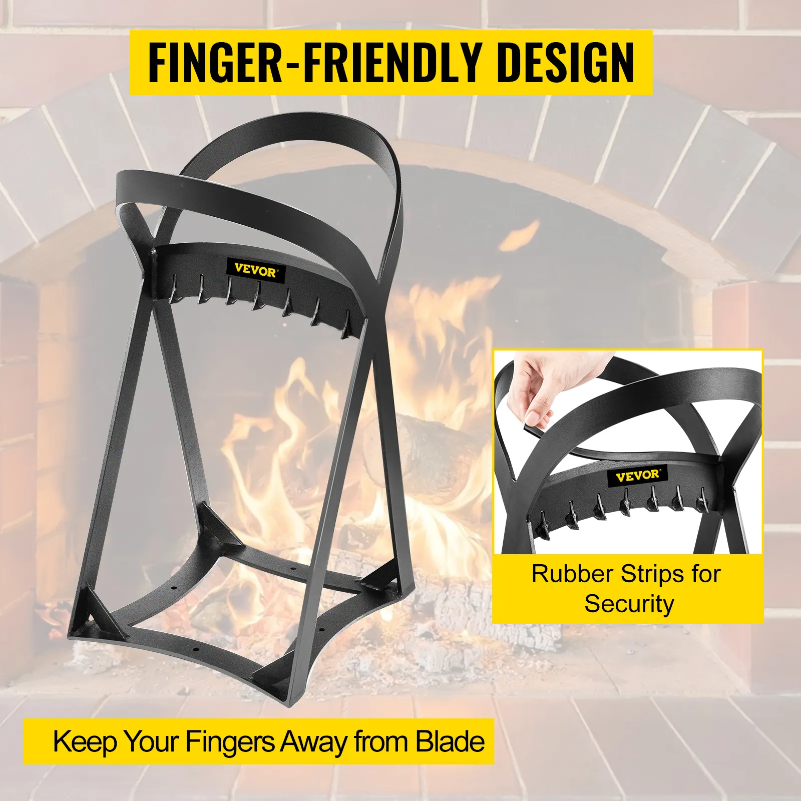 VEVOR log splitter with finger-friendly design and rubber strips for security.