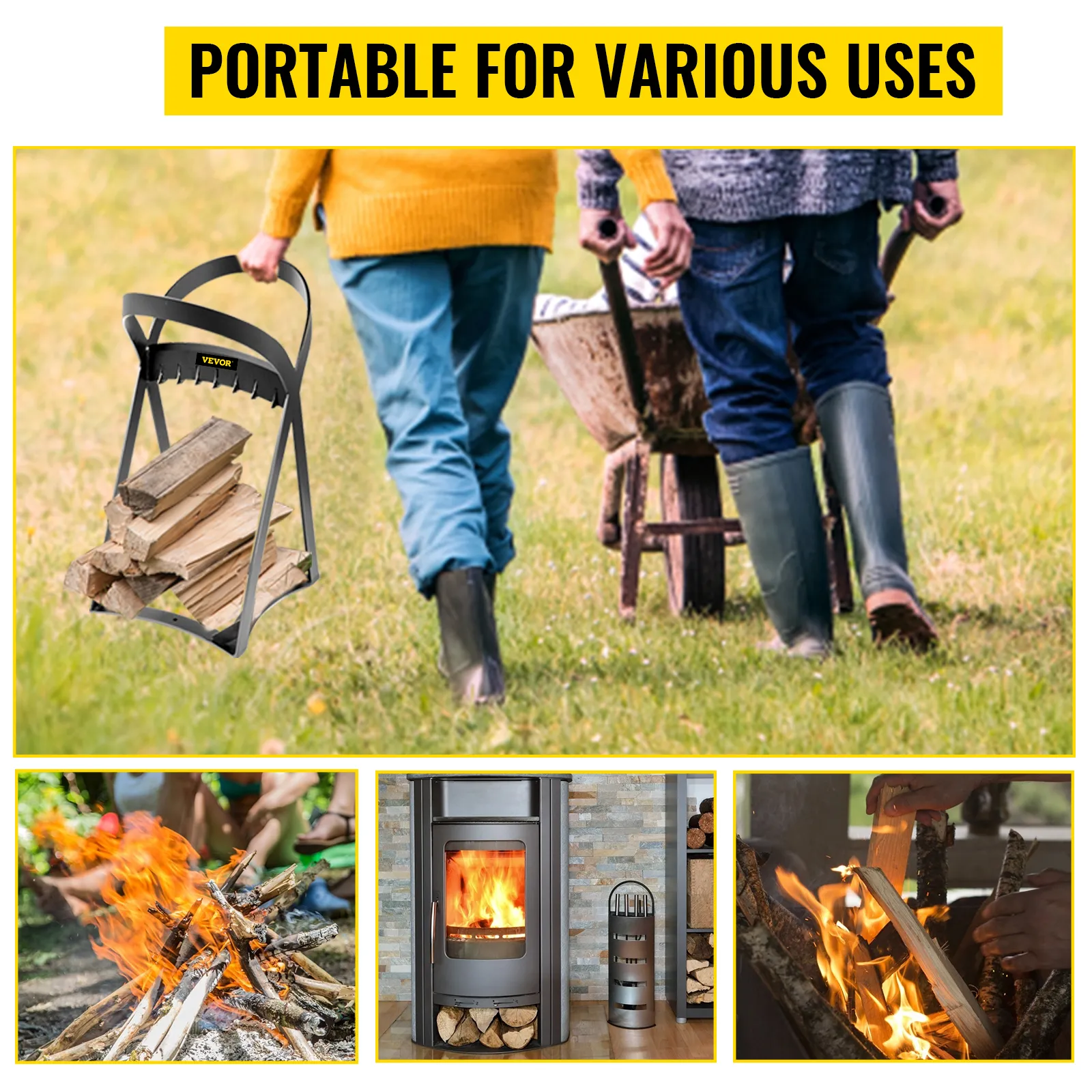 VEVOR log splitter in use for campfire and indoor wood stove.