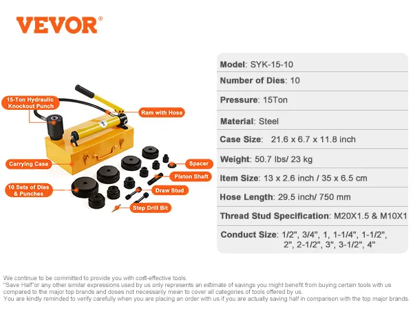 VEVOR hydraulic knockout punch kit with 15-ton pressure, 10 dies, carrying case, and accessory components.