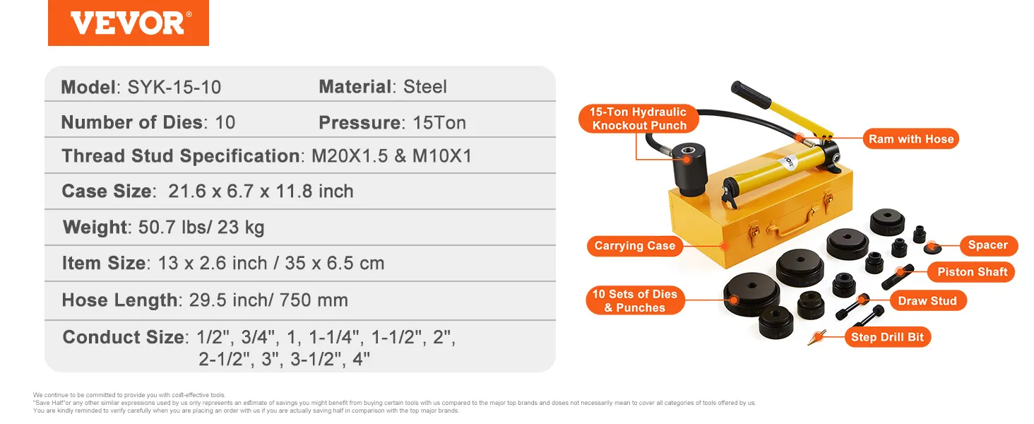 VEVOR hydraulic knockout punch kit with 15-ton pressure, 10 dies, carrying case, and accessory components.