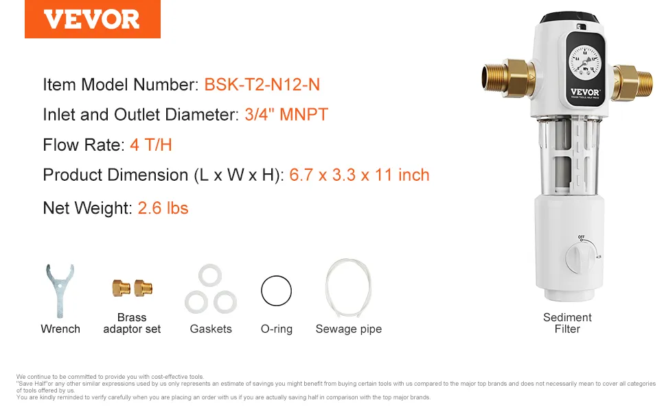 Filtro de sedimentos para toda la casa VEVOR, mnpt de 3/4", flujo de 4 t/h, 6,7 x 3,3 x 11 pulgadas, 2,6 libras, incluye llave y adaptadores.