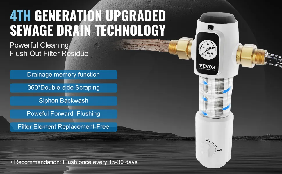 Filtro de sedimentos para toda la casa VEVOR con tecnología de drenaje de aguas residuales de cuarta generación para una limpieza potente.