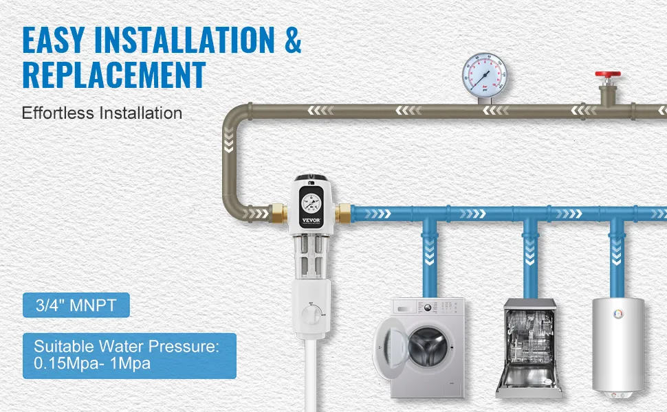 Filtro de sedimentos para toda la casa VEVOR, fácil instalación, mnpt de 3/4", presión de agua adecuada: 0,15 mpa-1 mpa.
