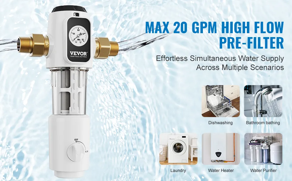 Filtro de sedimentos para toda la casa VEVOR con flujo alto máximo de 20 gpm, compatible con lavado de platos, baño y lavandería.