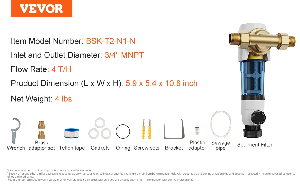 VEVOR spin down sediment filter with 3/4" mnpt, flow rate 4 t/h, includes wrench, gaskets, and more accessories.